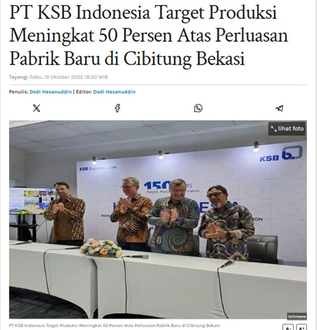PT KSB Indonesia Target Produksi Meningkat 50 Persen Atas Perluasan Pabrik Baru di Cibitung Bekasi